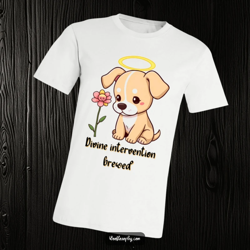 Funny Dog T-Shirt: A dog with a halo looks serenely at a blossoming flower, radiating gentle kindness.