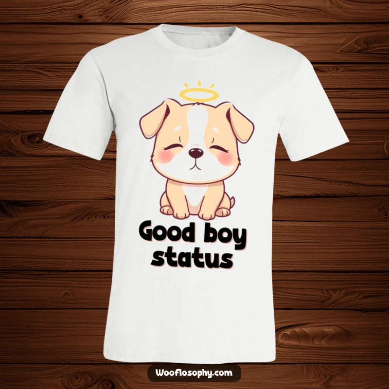 Funny t-shirt depicting a dog with closed eyes and a halo, representing a sweet, angelic pet.