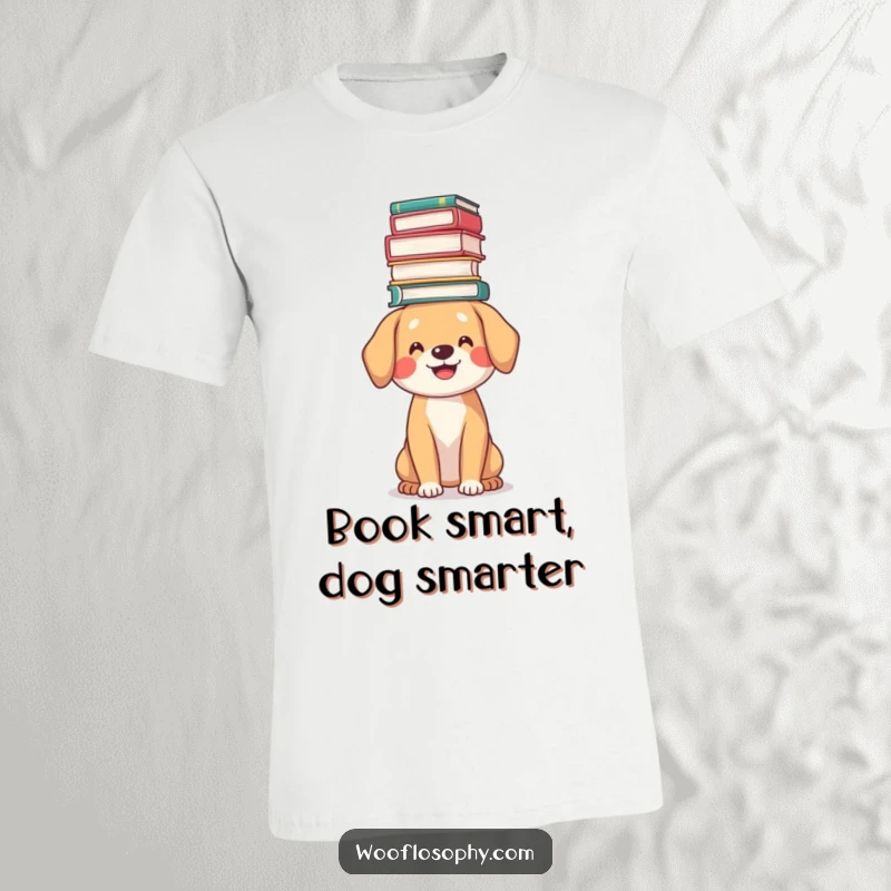 Funny book lover dog t-shirt, a happy dog balancing a stack of books on its head, celebrating reading.