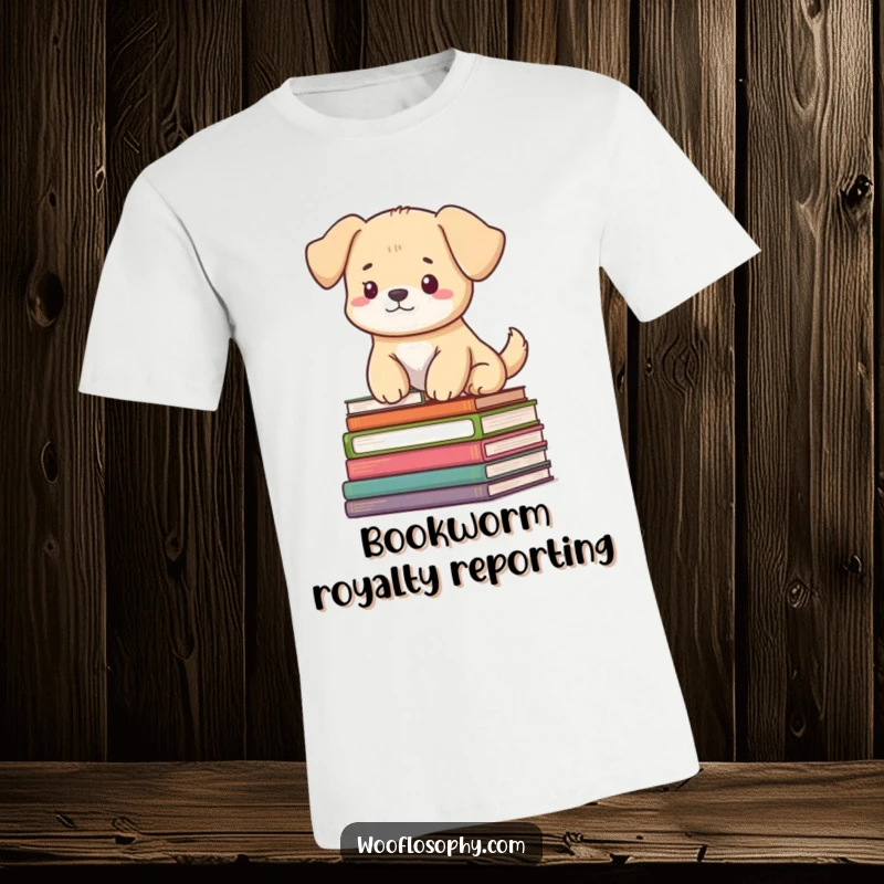 Funny t-shirt: a dog sits peacefully on a stack of books, exuding an aura of deep serenity and contentment.