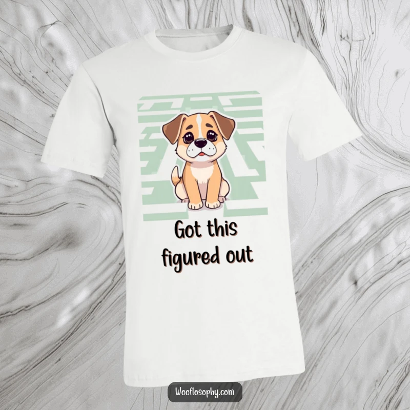 Funny Dog T-Shirt: A dog with steady eyes looks thoughtfully at the entrance of a winding maze.