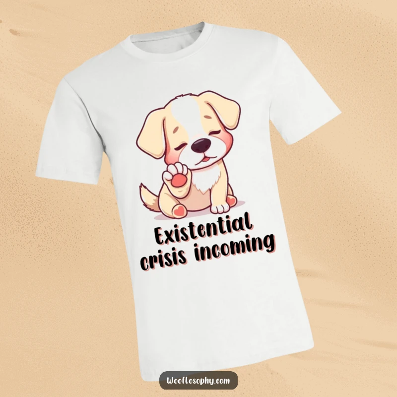 Funny t-shirt featuring a dog staring at its paw with an expression of deep, humorous existential discovery.