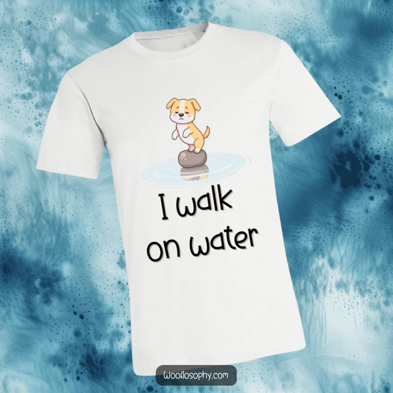 Funny t-shirt illustrating a dog attempting to balance on a slight ripple in a pond, highlighting canine determination and humor.