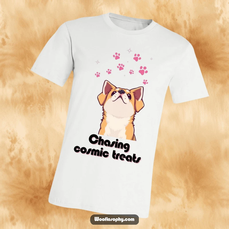 Funny dog t-shirt depicting a dog gazing at a paw print constellation, embodying dreams and humor.