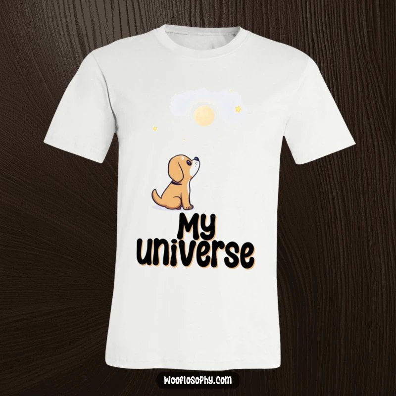 Funny dog t-shirt showing a cute dog looking up with pure awe at a single, radiant star.