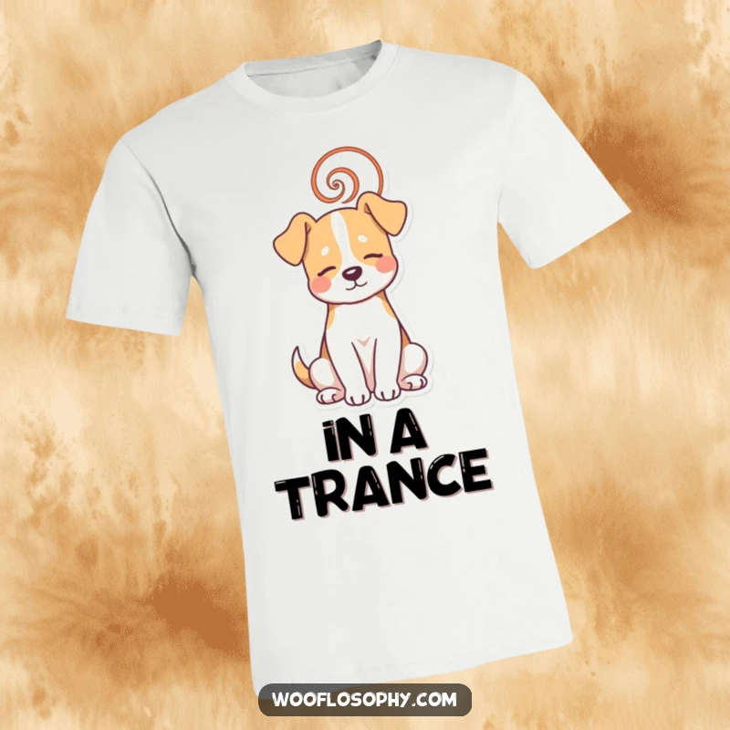 Funny dog t-shirt featuring a dog in peaceful contemplation with a spiral, embodying serenity and humor.