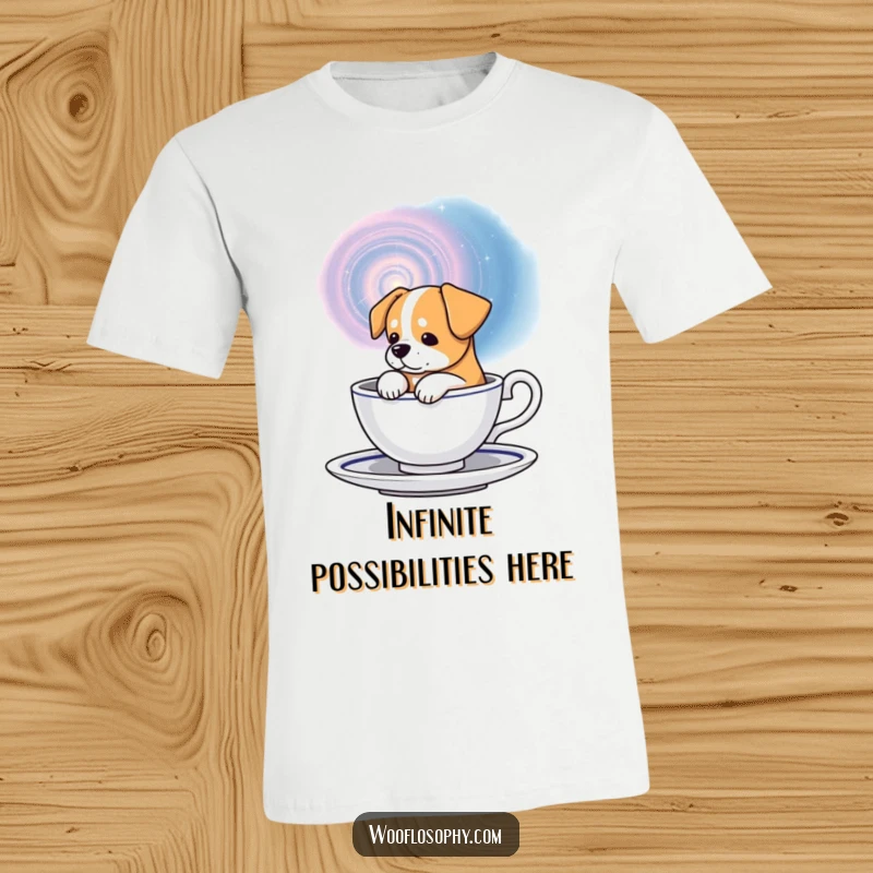 Funny galaxy dog t-shirt, a dog thoughtfully looking at a swirling galaxy inside a teacup, symbolizing wonder.