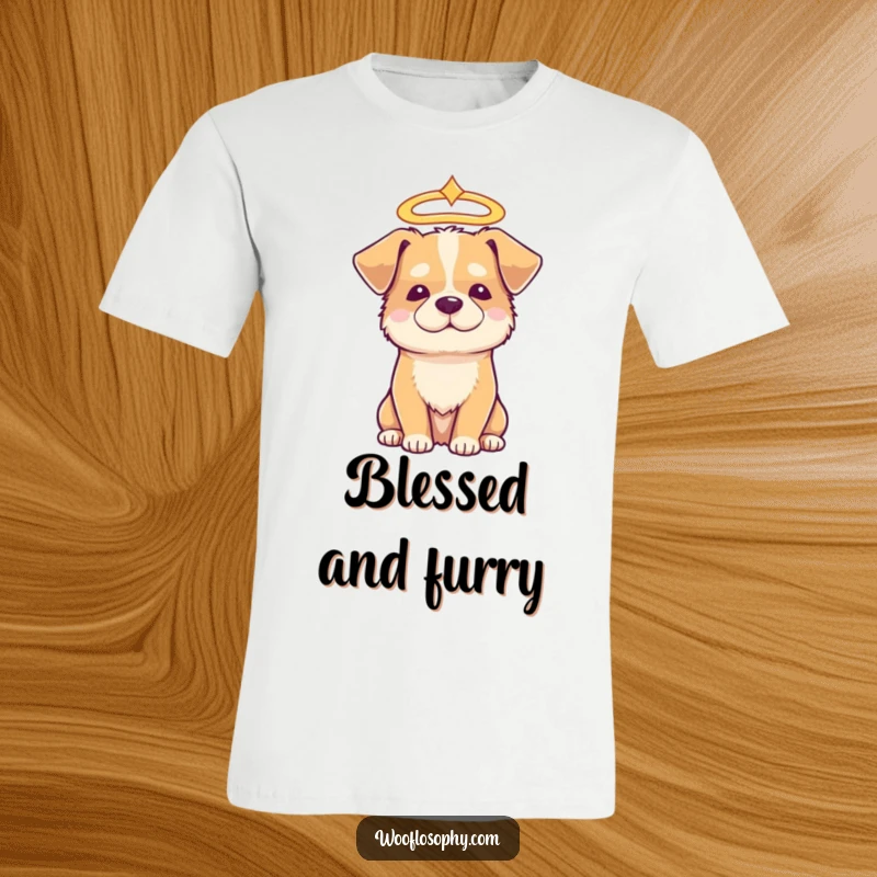 Funny halo dog t-shirt, a dog wearing a halo, looking peaceful and wise, representing kindness.