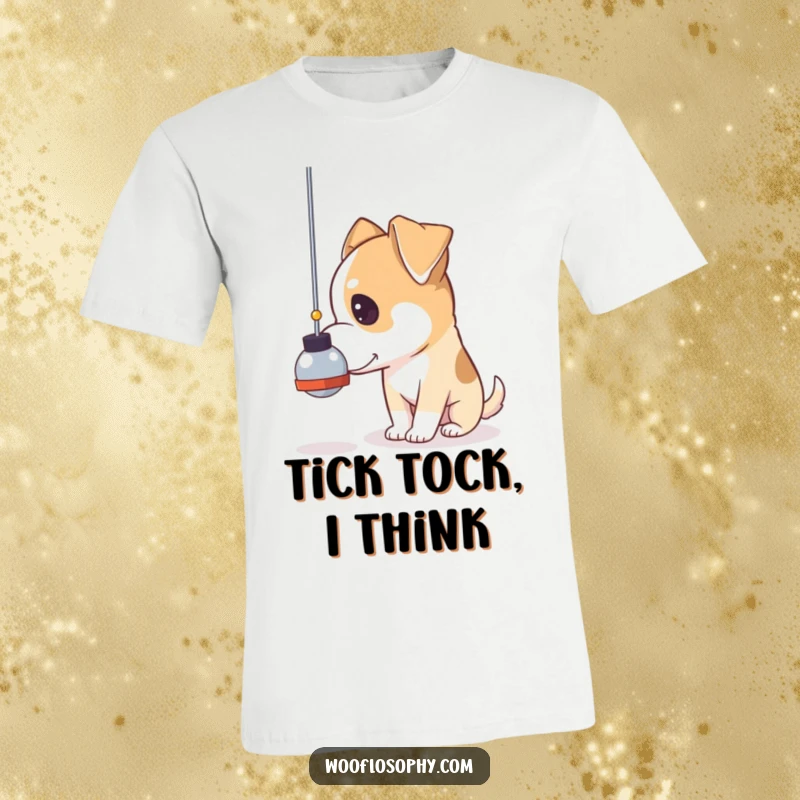 Funny pendulum dog t-shirt, a dog looking thoughtful while watching a swinging pendulum, representing introspection.