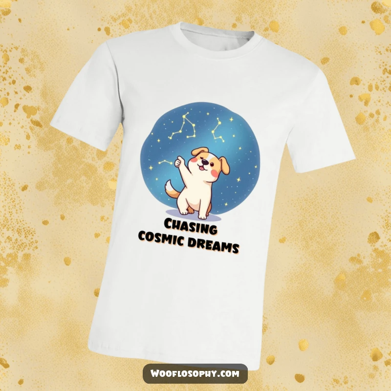 Funny dog pointing enthusiastically at a constellation in the night sky, a humorous t-shirt for explorers.