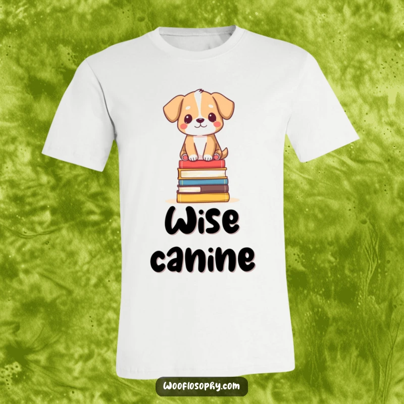 Funny T-Shirt: Dog balanced on a small stack of books, looking incredibly serene and peaceful, showing humor.