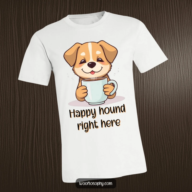 Funny dog looking blissful with a steaming mug, on a t-shirt, perfect for a funny gift.