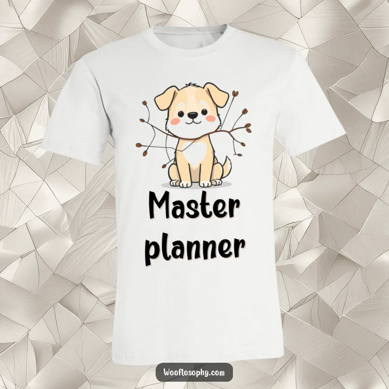 Funny dog t-shirt of a resourceful dog using a twig to draw a simple, interconnected web.