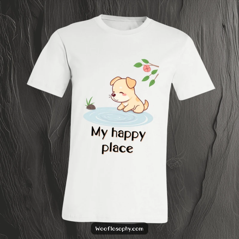 Funny dog t-shirt featuring a dog with a contented sigh watching ripples on a calm pond, symbolizing relaxation.