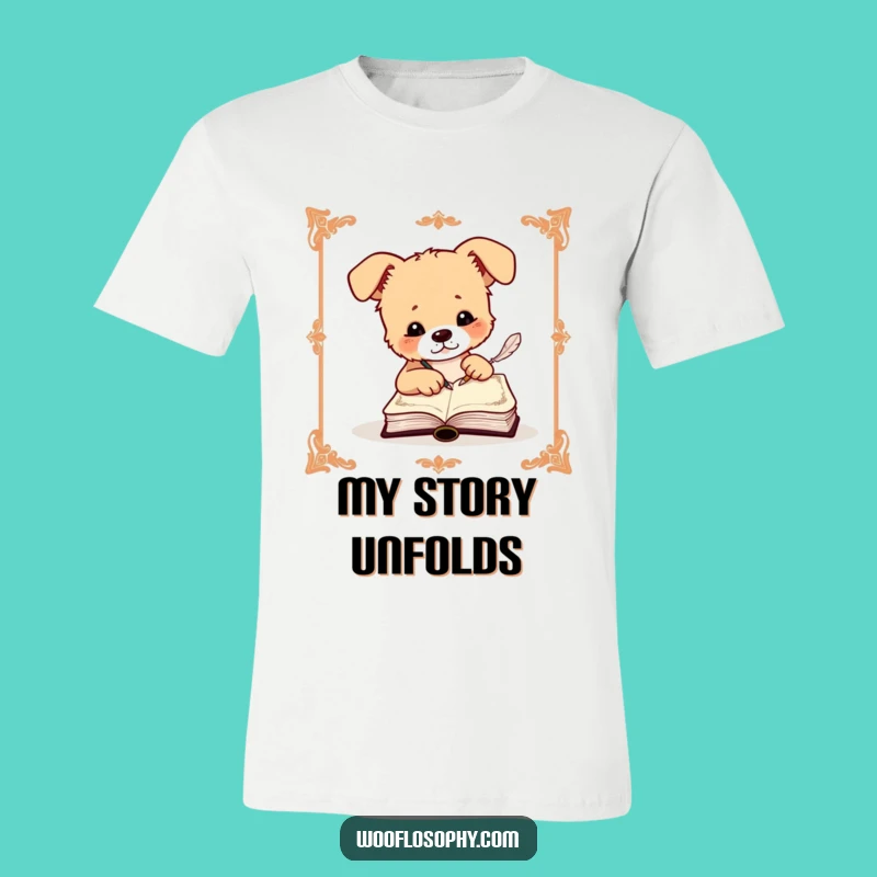 Funny Dog T-Shirt: Literary Canine Scribes an Ornate Book with a Quill