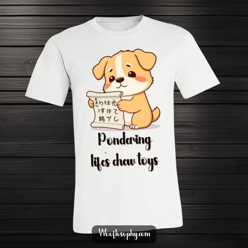 Funny dog t-shirt showing a dog holding a scroll and looking puzzled while scratching its head.