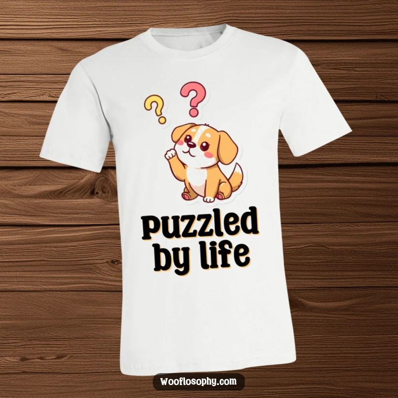 Funny t-shirt with a dog character raising a paw to a floating question mark, embodying playful confusion.