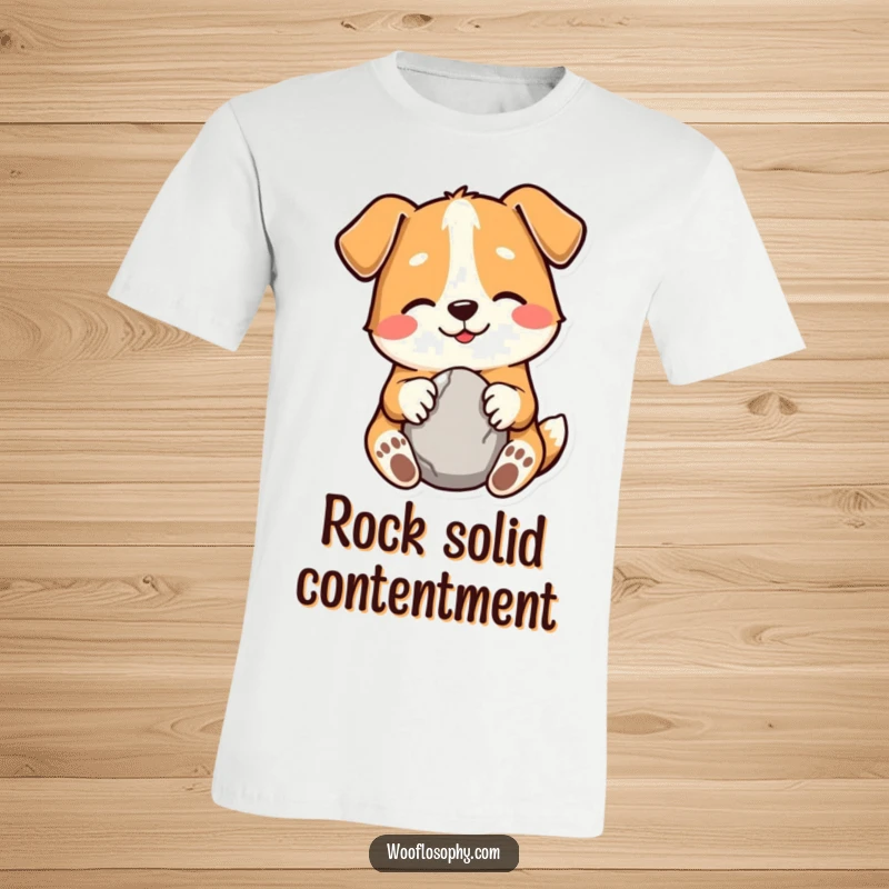 Funny t-shirt featuring a smiling dog character gently holding a smooth stone, radiating peaceful humor.