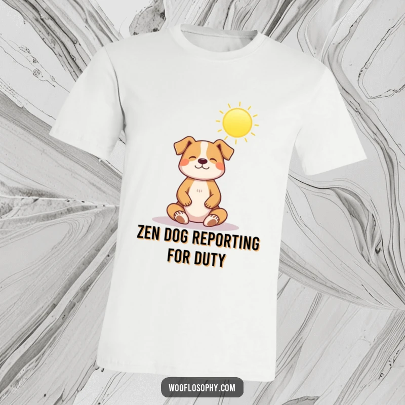 Funny t-shirt: a dog sits in a peaceful meditative pose beneath a radiant, shining sun, embodying tranquility.