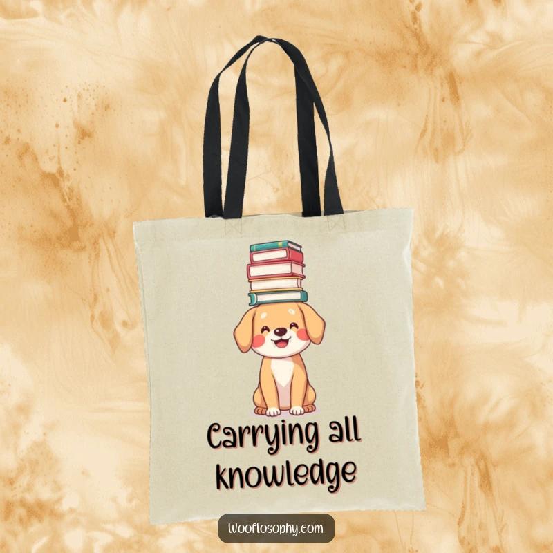 Funny book lover dog tote bag, a dog smiling while balancing a stack of books on its head, for carrying books.