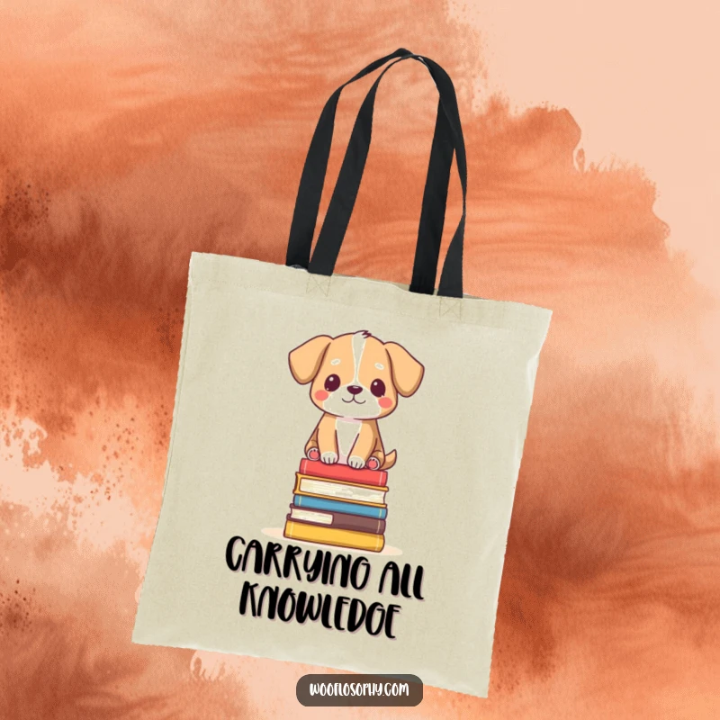 Funny Tote Bag: Dog balanced serenely on a small stack of books, a humorous and practical accessory.