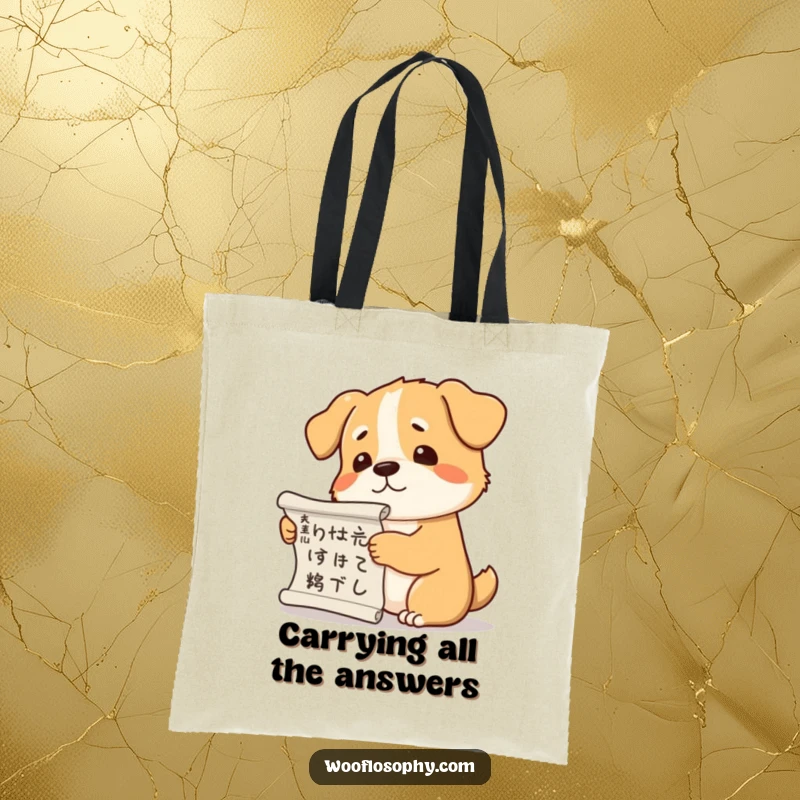 Funny dog tote bag showing a dog holding a philosophy scroll and scratching its head in contemplation.