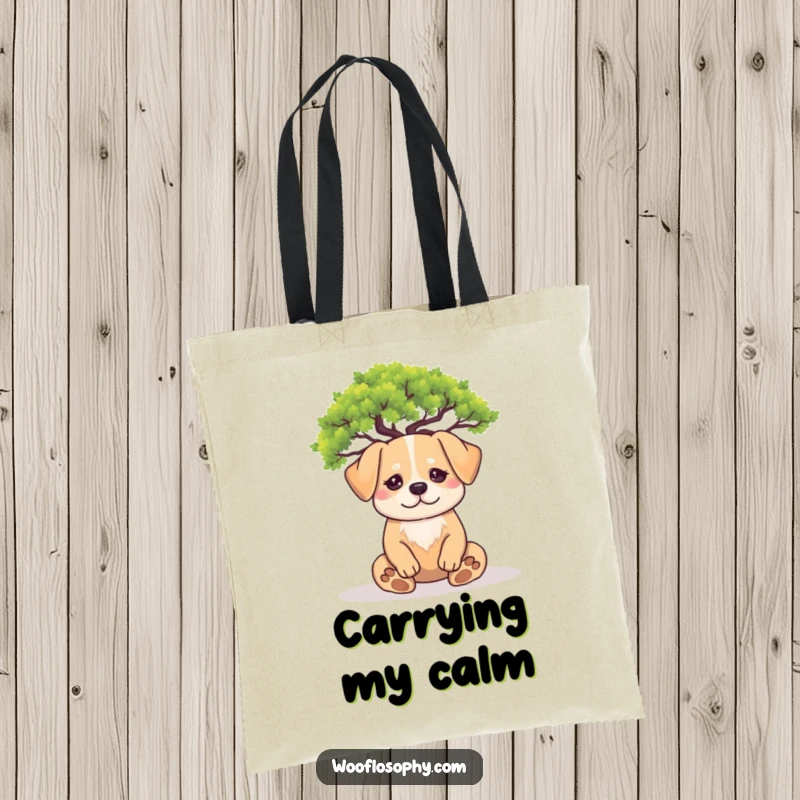 Funny meditating dog tote bag: a calm dog sits under a miniature tree, perfect for carrying mindful essentials with humor.