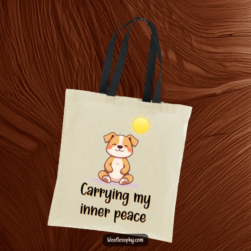 Funny tote bag: a dog meditates peacefully under a shining sun, embodying ultimate calm and serenity.