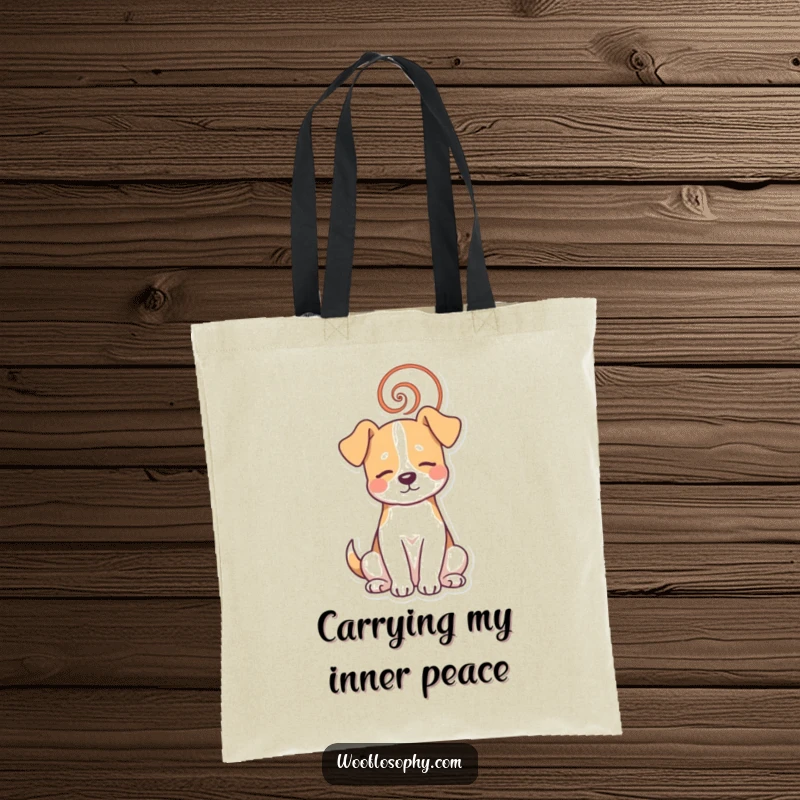 Funny dog tote bag showcasing a dog in zen mode with a spiral, ideal for carrying essentials with peace.