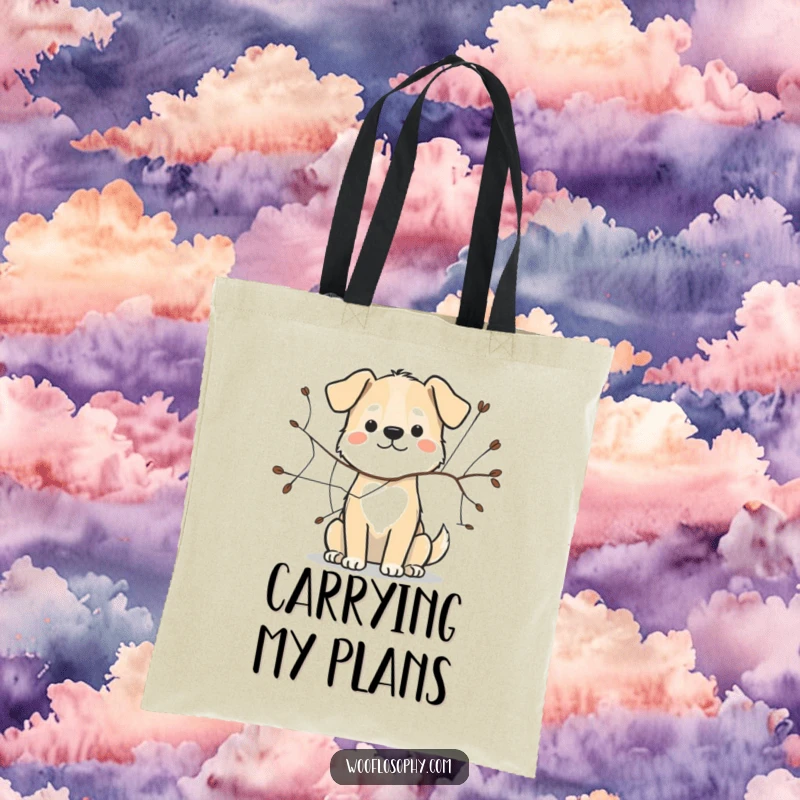Funny dog tote bag with a dog drawing a detailed web using a twig, perfect for carrying art supplies.