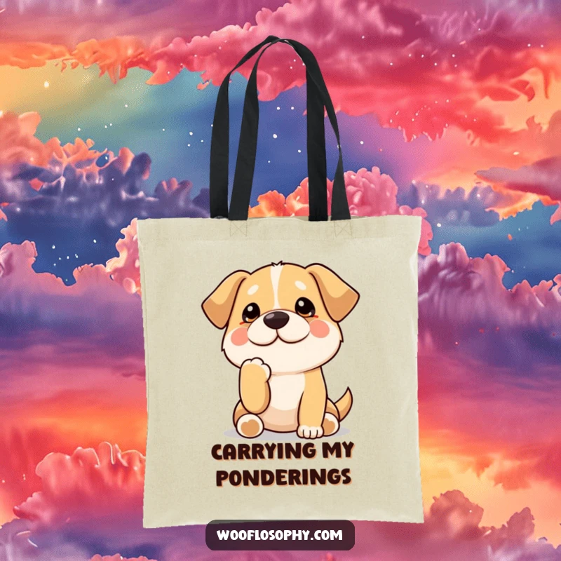 Funny Kawaii dog with a paw on its chin, contemplating, a durable tote bag for carrying daily items with a humorous, thoughtful design.