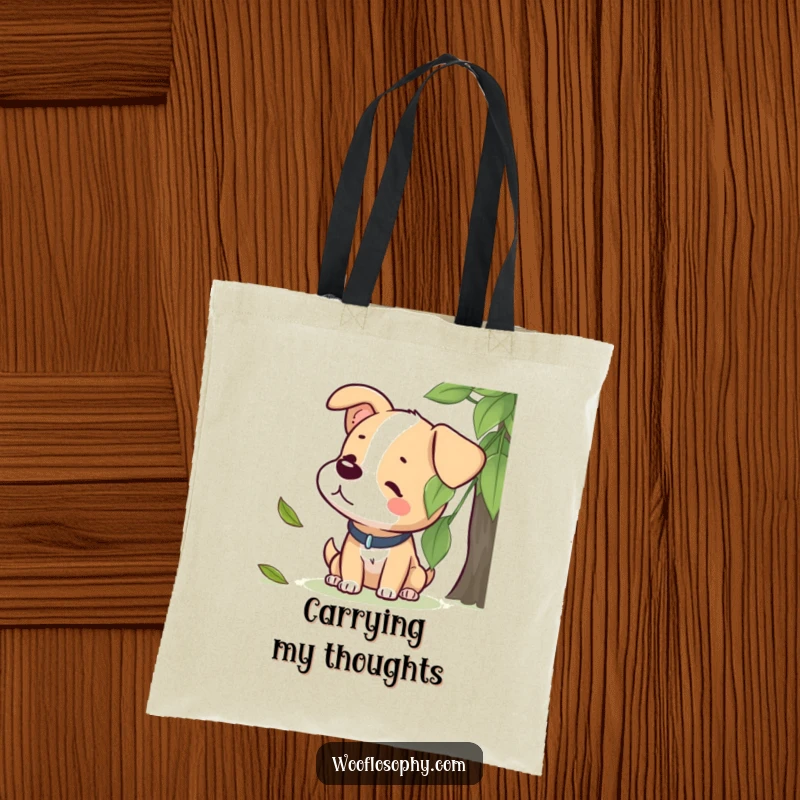 Funny tote bag with a dog character intently listening to a leaf gently falling, perfect for carrying daily items.