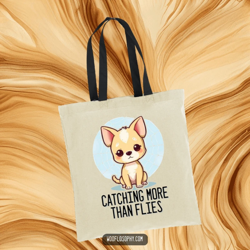 Funny tote bag with a dog character admiring a spiderweb, showcasing a love for nature's detail, a great funny gift.