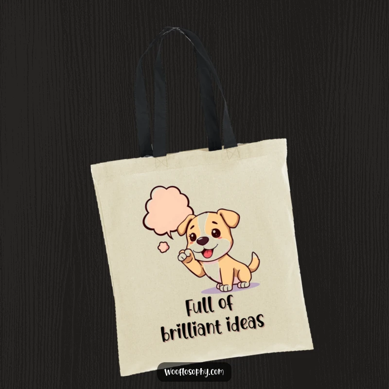 Funny dog tote bag with a dog reaching for a thought bubble, representing creativity and carrying ideas.