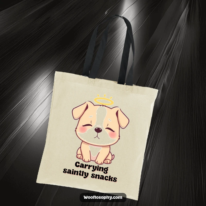 Funny tote bag featuring a dog with a halo and closed eyes, ideal for carrying items with angelic style.