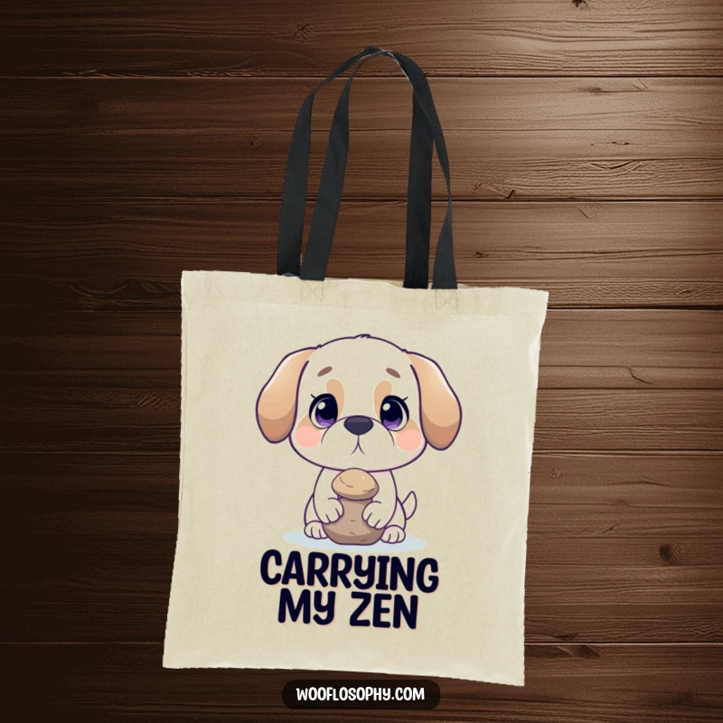Funny dog tote bag with a dog balancing a rock, representing poise and carrying essentials with humor.