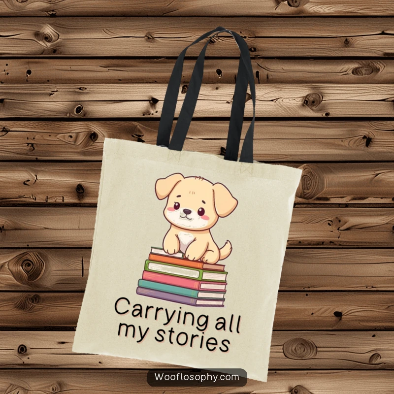 Funny tote bag: a dog sits regally on a pile of books, looking extremely serene and wise.