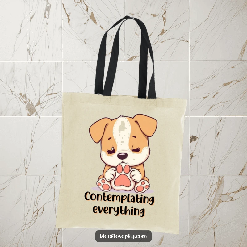 Funny dog tote bag, a dog contemplates its paw print with profound seriousness, carrying humor and essentials, a great gift.
