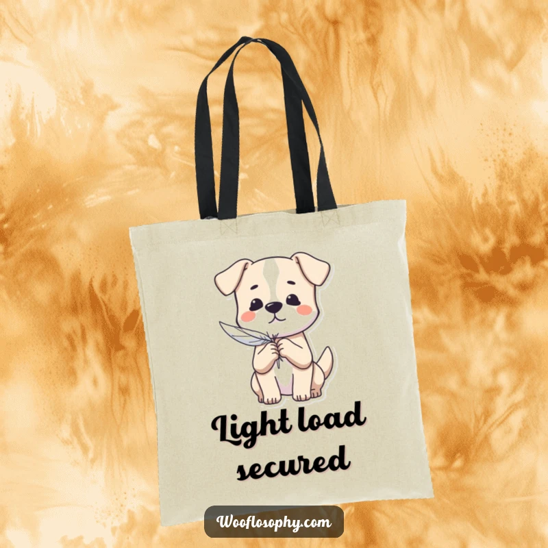 Funny Dog Tote Bag: A dog holds a single feather with care, embodying lightness of being and gentle joy.