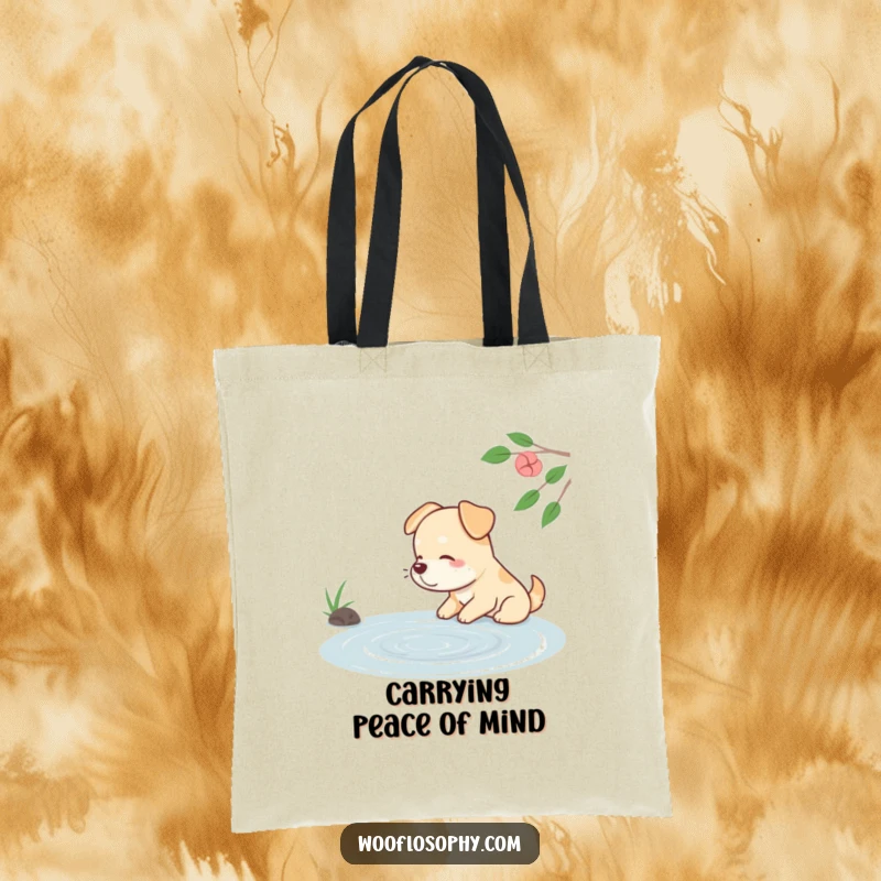 Funny dog tote bag showing a contented dog sighing while watching ripples on a calm pond, symbolizing peace.