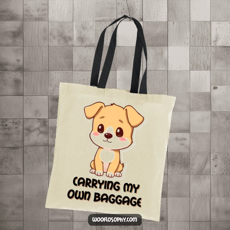 Funny tote bag with a dog character looking at its shadow, capturing a moment of curious wonder, a great funny gift.