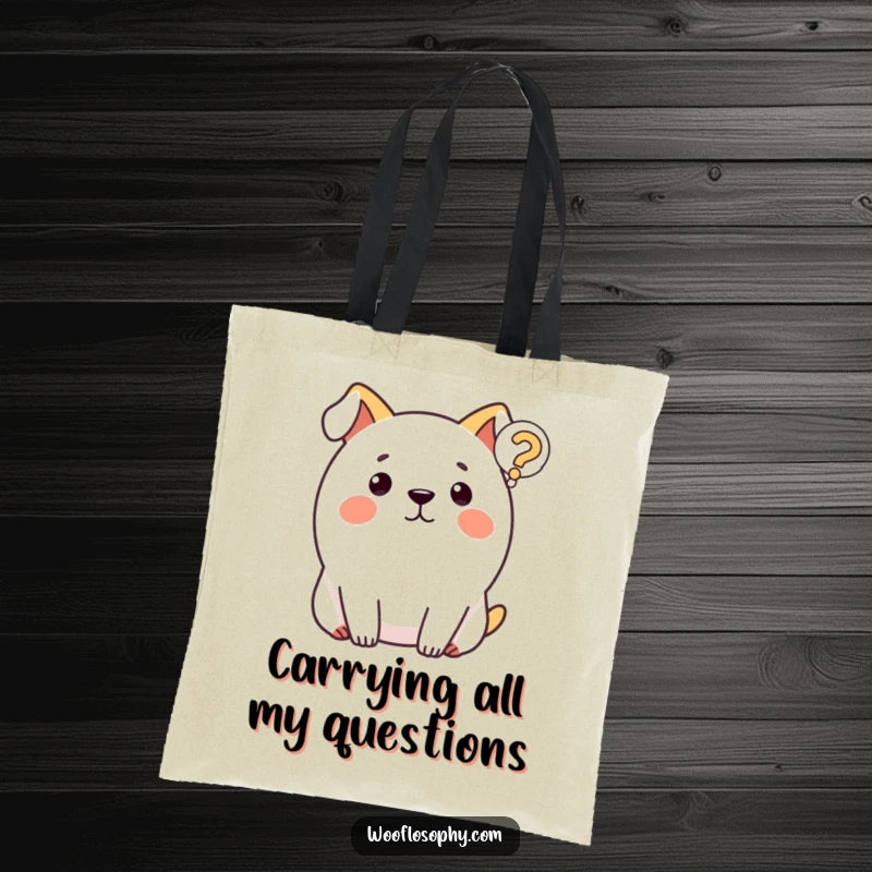 Funny dog tote bag with a round dog looking at a question mark, conveying curiosity and a touch of humor.