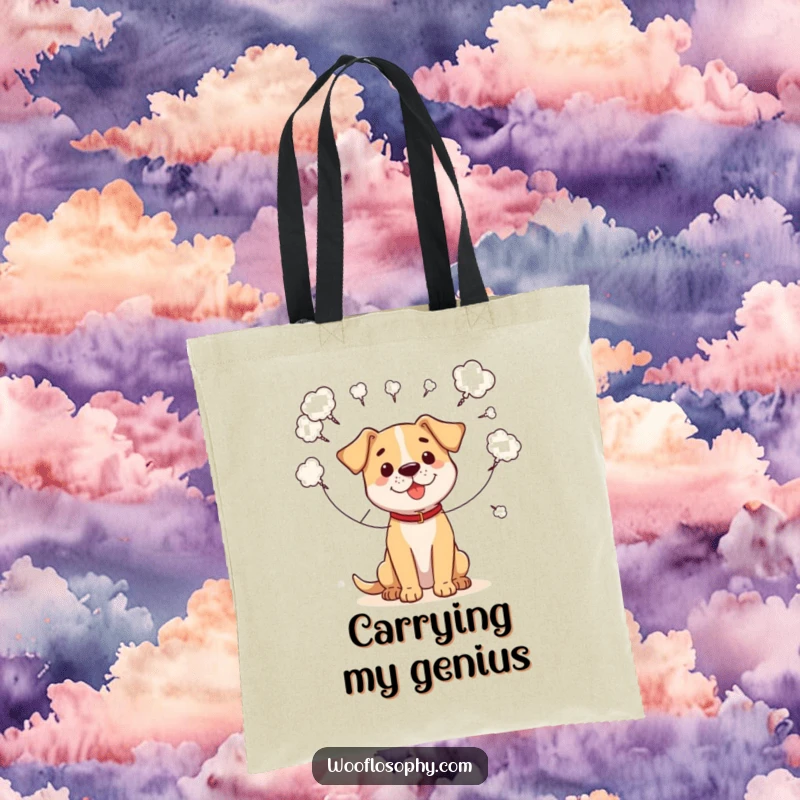 Funny tote bag showing a dog connecting scattered thought bubbles with strings, symbolizing organized thinking and ideas.