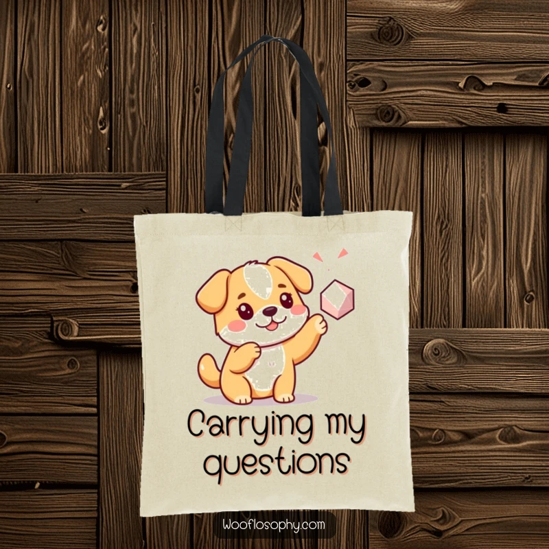 Funny Kawaii dog pointing at a geometric shape, a durable tote bag for carrying daily items with a humorous, curious design.