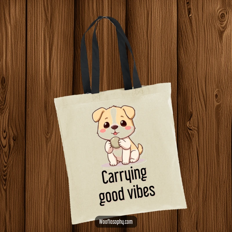 Funny Kawaii dog offering a small stone to another, a durable tote bag for carrying daily items with a humorous, friendly design.