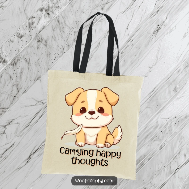 Funny Kawaii dog smiling gently while watching a feather fall, a durable tote bag for carrying daily items with a humorous, peaceful design.