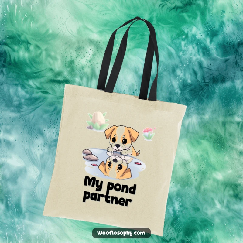 Funny dog thoughtfully observing its reflection in a pond, depicted on a humorous tote bag for carrying thoughts.