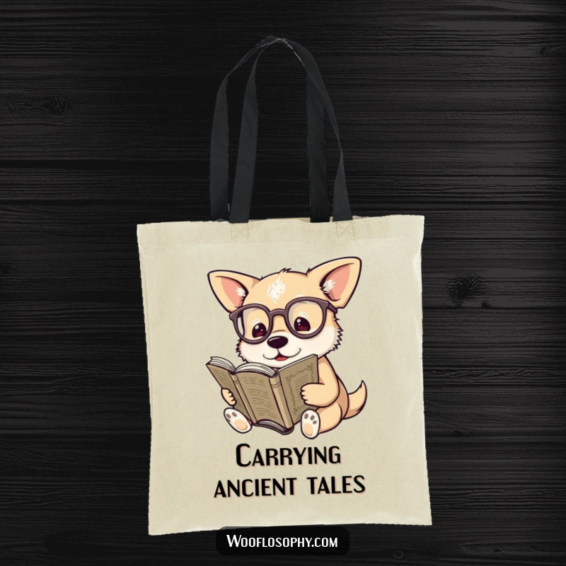 Funny tote bag with a dog wearing spectacles, reading an ancient book, suggesting a deep appreciation for literature.