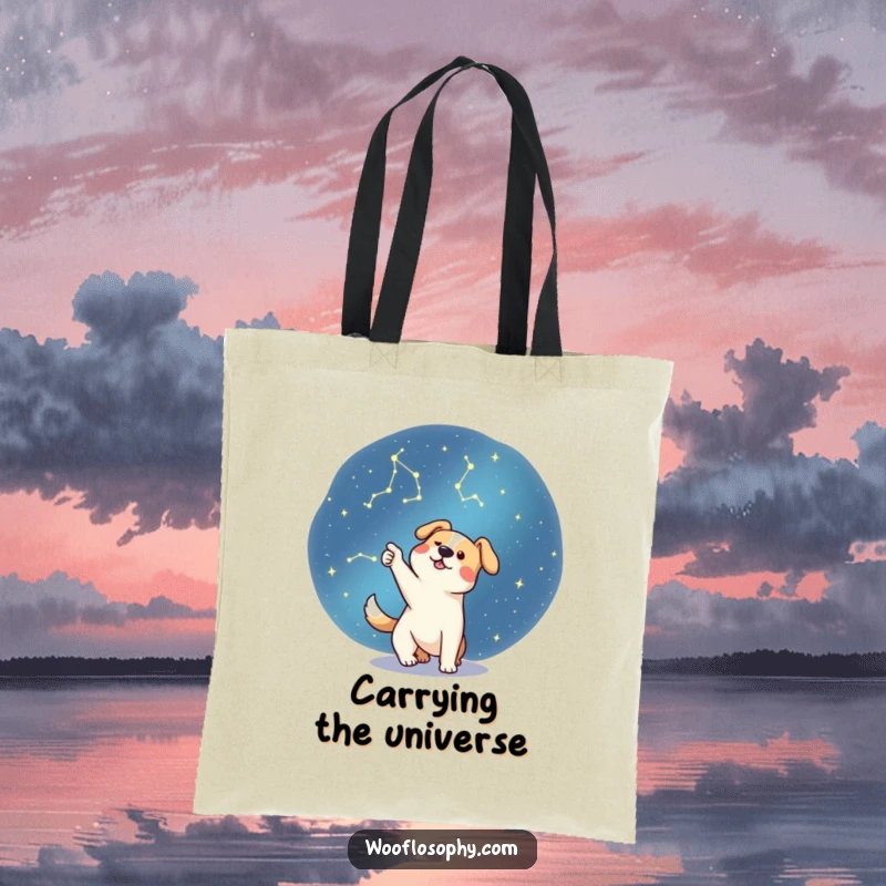 Funny dog pointing at a constellation in the starry night sky, a humorous and practical tote bag.