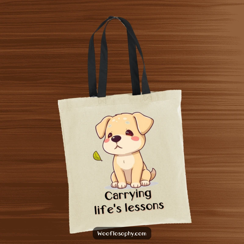 Funny dog gazing at a falling leaf, symbolizing autumn's gentle beauty, a practical tote for reflective souls.